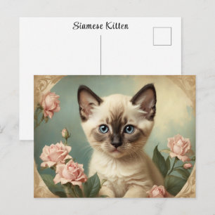 Retro Süßes Siamkätzchen-Porträt Blumen Süß Postkarte