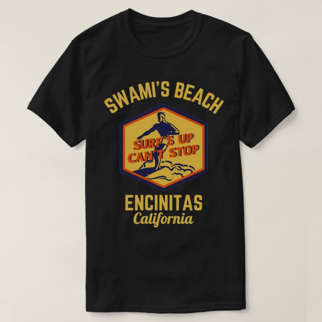 Retro Swamis Beach Encinitas California Gold Text T-Shirt (Design vorne)
