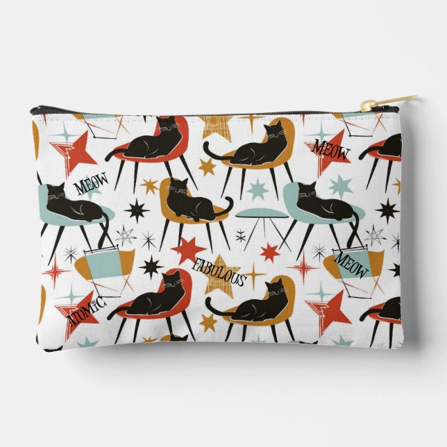 Retro Swanky Black Cat in Atomic MCM Accessory Bag Zubehörtasche (Rückseite)