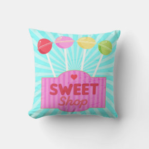 Retro Sweet Shop Pastel Candy Lollipops auf Streif Kissen
