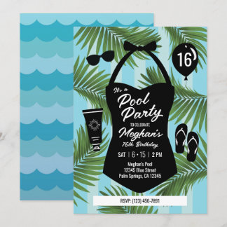 Retro Swimsuit Sweet 16 Pool Party Einladung (blau