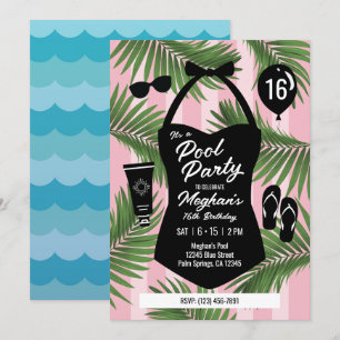 Retro Swimsuit Sweet 16 Pool Party Einladung (pink