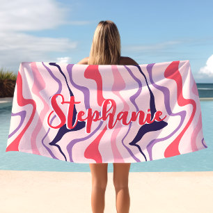 Retro Swirl Abstrakte Welle Rosa Lila Benutzerdefi Strandtuch