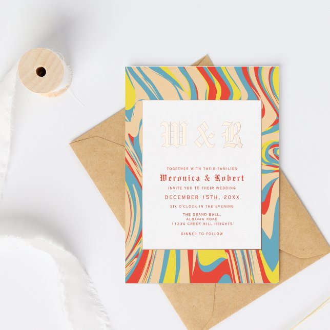 Retro Swirl Abstraktes Muster Rose Gold Monogramm Folieneinladung (Von Creator hochgeladen)