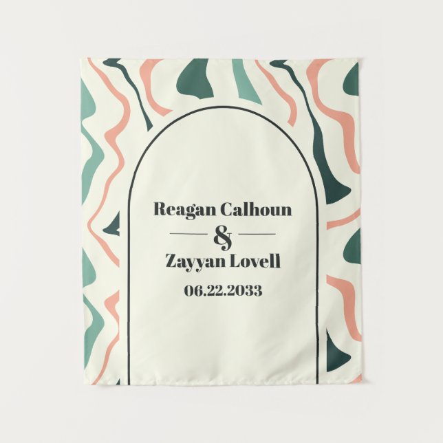Retro Swirl Arch Mint Green Pink Wedding Backgroun Wandteppich (Vorderseite)