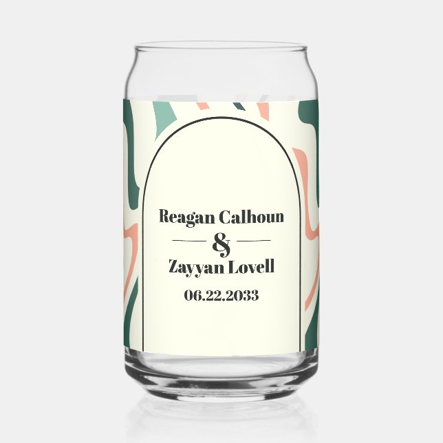 Retro Swirl Arch Mint Grün und Rosa Hochzeit Dosenglas (Vorderseite)