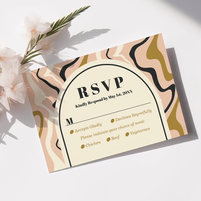 Retro Swirl Arch Pink Black Gold Wedding RSVP Card (Von Creator hochgeladen)