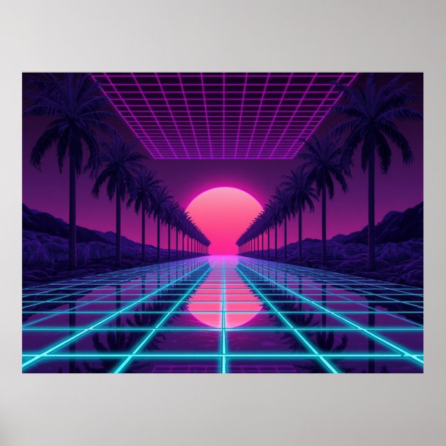Retro Synthwave Horizon - Neon Grid & Palms Poster (Vorne)