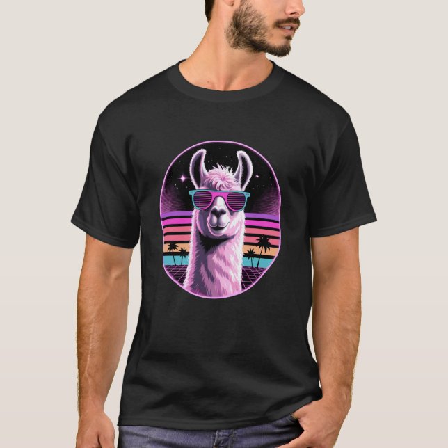 Retro Synthwave Lama Sonnenbrille Lamas T-Shirt (Vorderseite)