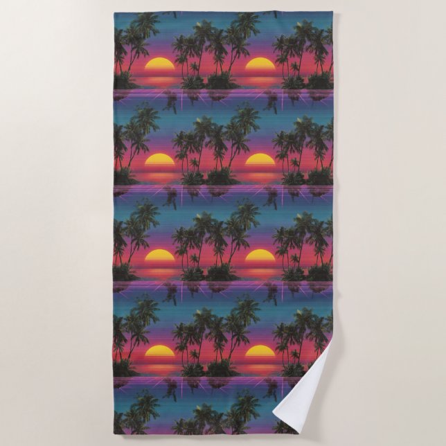 Retro Synthwave Palm Tree Sunset Pattern Strandtuch (Vorderseite)