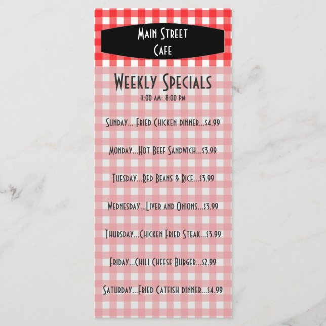 Retro Tablecloth Red Gingham Café Menü Menükarte (Vorderseite)