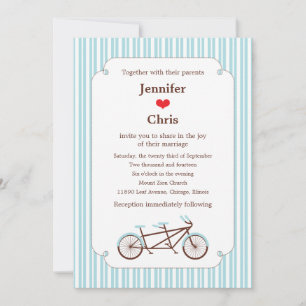 Retro Tandem Bicycle Blue & White Striping Wedding Einladung