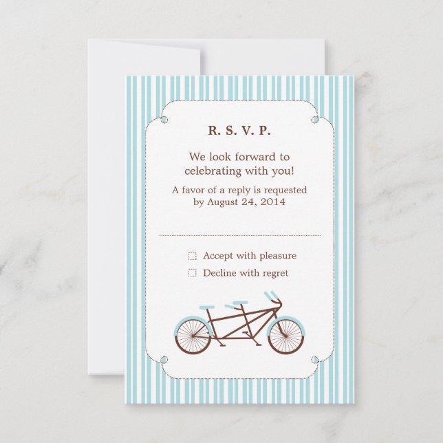 Retro Tandem Bicycle Blue & White Striping Wedding Einladung (Vorderseite)
