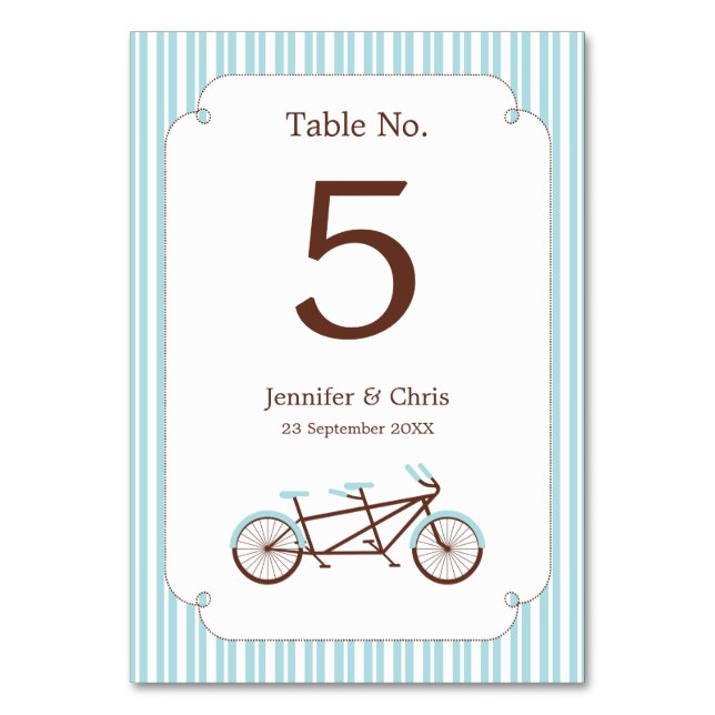 Retro Tandem Bicycle Blue & White Striping Wedding Tischnummer (Vorderseite)