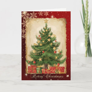 Retro-Tannenbaum präsentiert Schneeflocken Rot Feiertagskarte