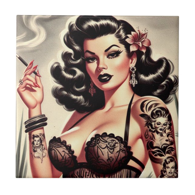 Retro Tatto Goth Girl Fliese (Vorderseite)
