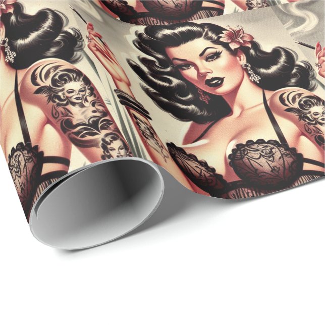 Retro Tatto Goth Girl Geschenkpapier (Rolleneckpunkt)
