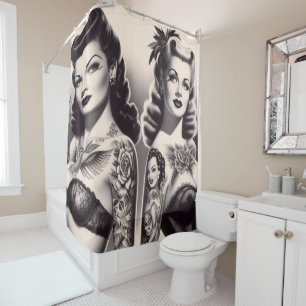 Retro Tattoo Glam Pinups Duschvorhang