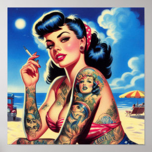 Retro Tattooed Bikini Summer Button up Poster