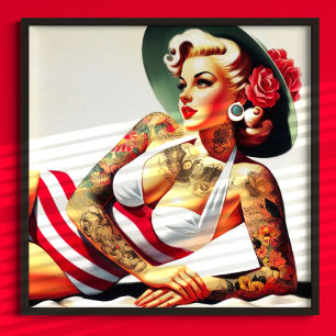 Retro Tattooed Swimsuit Button-up Poster
