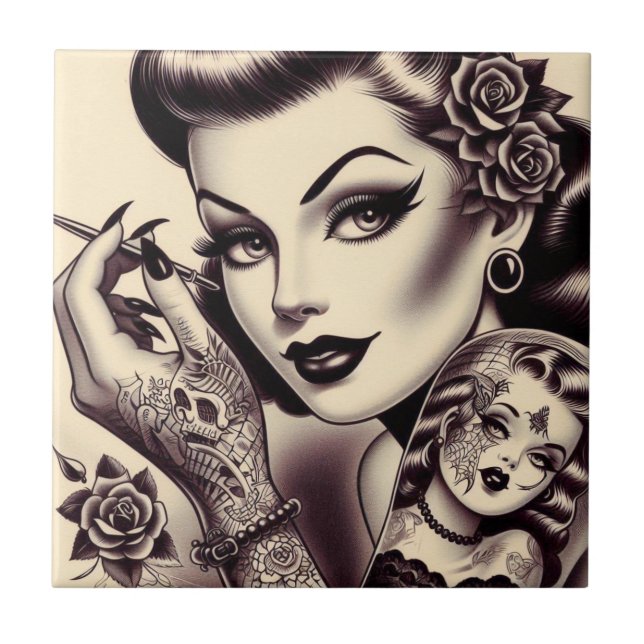 Retro Tattooot Button hoch Fliese (Vorderseite)