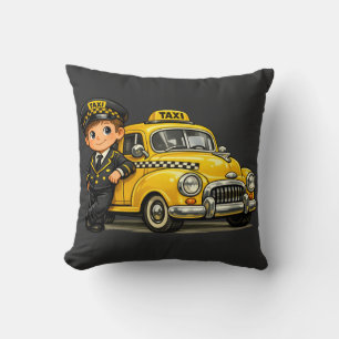 Retro-Taxifahrer-Junge mit Vintage-Gelbem Auto T-S Kissen