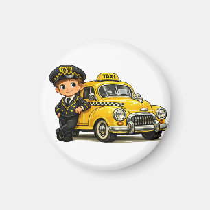 Retro-Taxifahrer-Junge mit Vintage-gelbem Auto-T-S Magnet