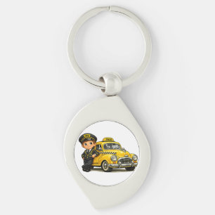 Retro-Taxifahrer-Junge mit Vintage-Gelbem Auto-T-S Schlüsselanhänger