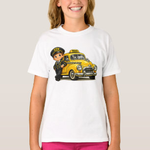 Retro-Taxifahrer-Junge mit Vintage-Gelbem Auto T-S T-Shirt