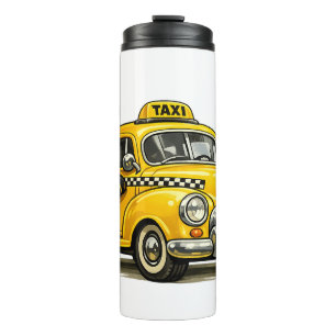 Retro-Taxifahrer-Junge mit Vintage-Gelbem Auto-T-S Thermosbecher