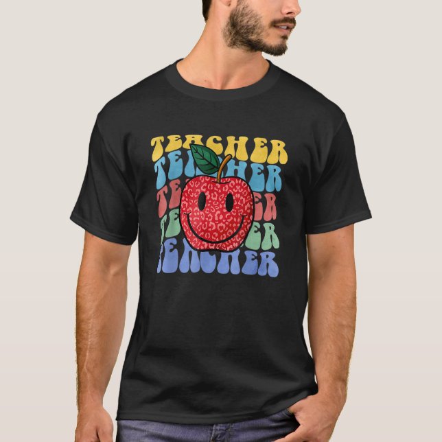 Retro Teacher Apple Leopard Groovy Back To School  T-Shirt (Vorderseite)