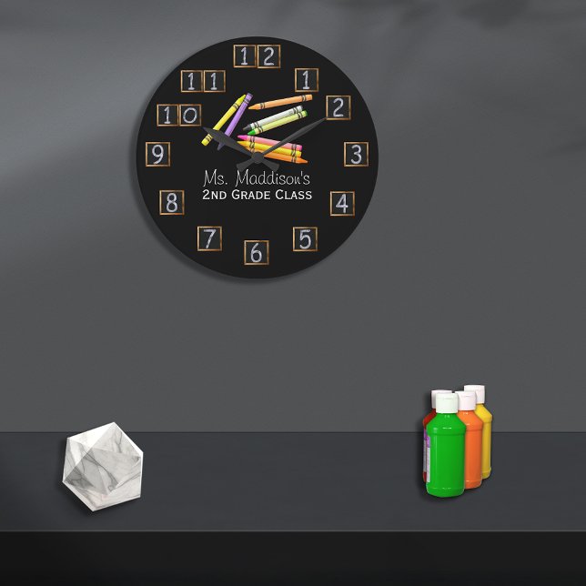 Retro Teacher Crayons Chalkboard Nummer Große Wanduhr (Von Creator hochgeladen)