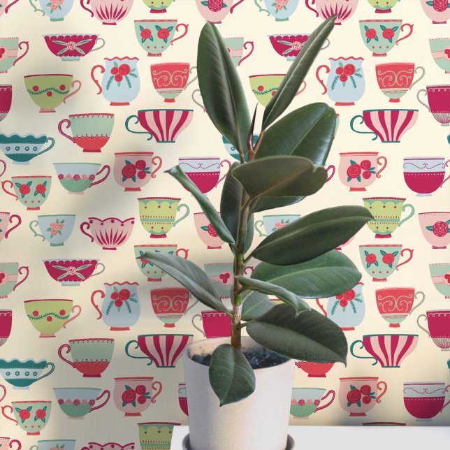 Retro Teacups Creme Tapete (Retro teacup pattern art wallpaper)