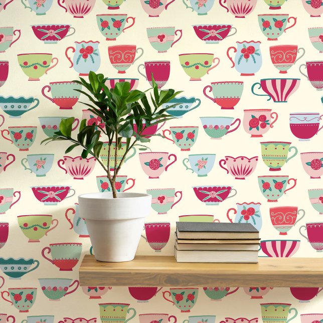 Retro Teacups Creme Tapete (Retro teacup pattern art wallpaper)