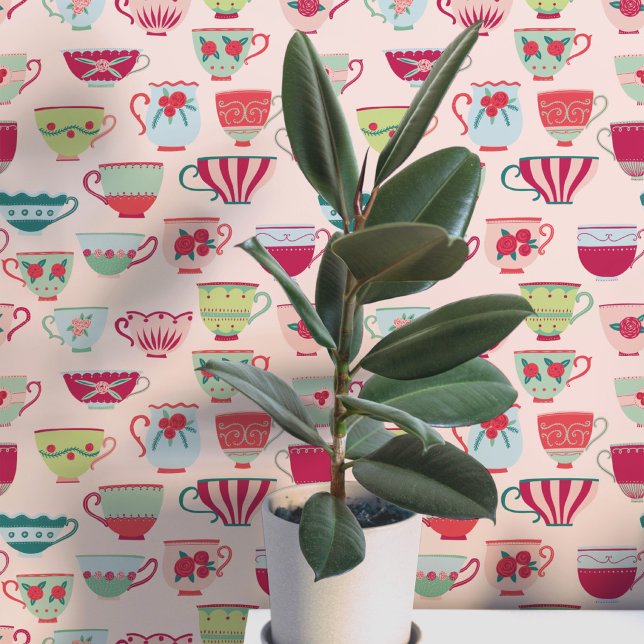 Retro Teacups Pink Tapete (Retro teacup pattern art wallpaper)