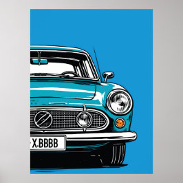 Retro Teal Classic Car Front Pop Art Illustration Poster