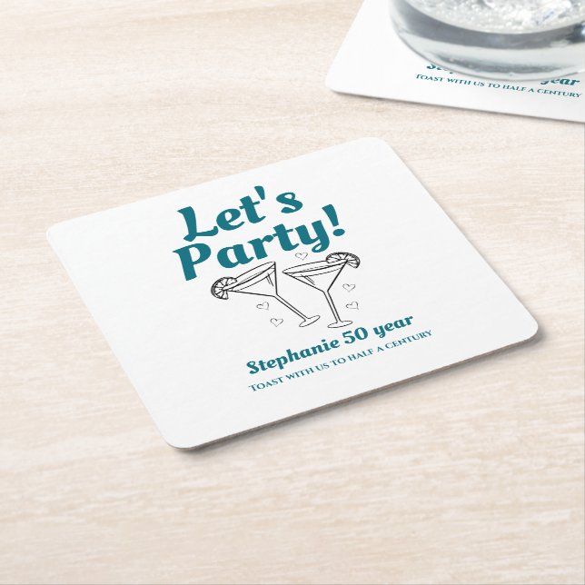 Retro Teal Cocktail Woman's 50th Birthday Party Rechteckiger Pappuntersetzer (angewinkelt)