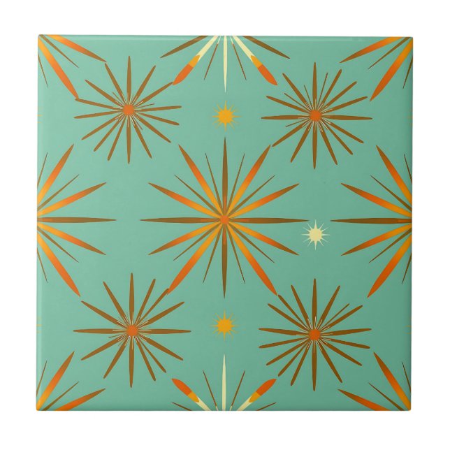 Retro Teal Orange Starburst Pattern Fliese (Vorderseite)