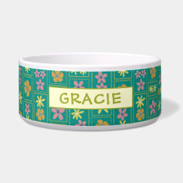 Retro Teal Patchwork Floral Custom Large Dog Napf