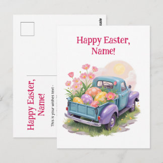 Retro Teal & Purple Truck with Easter Eggs Postkarte
