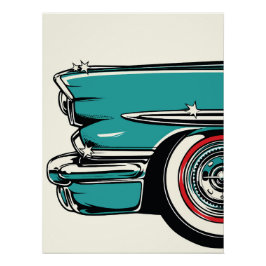 Retro Teal Sports Car Front Pop Art Illustration Poster