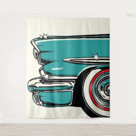 Retro Teal Sports Car Front Pop Art Illustration Wandteppich