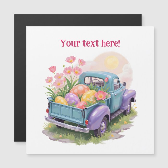 Retro Teal- und LKW mit Ostereiern Magnetkarte (Vorne/Hinten)