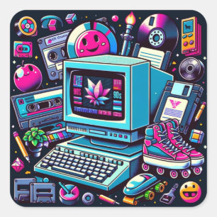 Retro Tech Playground: Nostalgische Odyssey der 90 Quadratischer Aufkleber