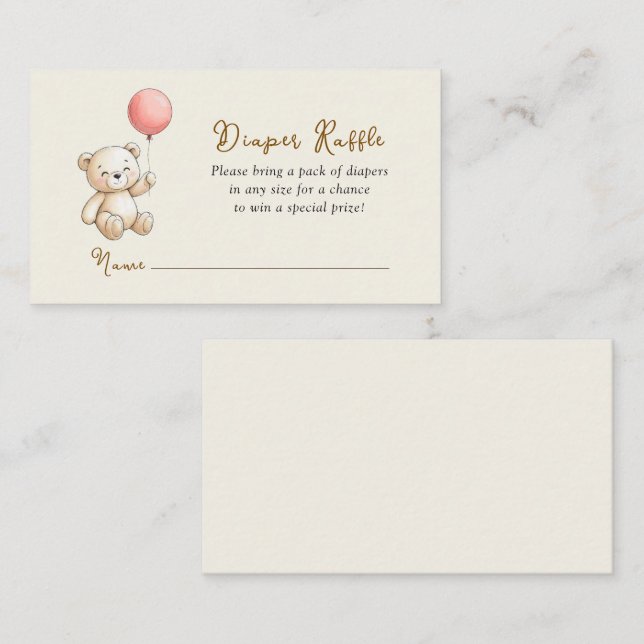 Retro Teddy Bear Baby girl shower Diaper Raffle Begleitkarte (Vorne/Hinten)