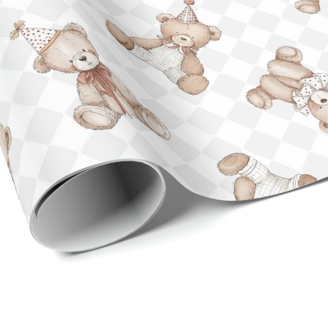 Retro Teddybär Nostalgie Rüschen kariert  Geschenkpapier (Rolleneckpunkt)