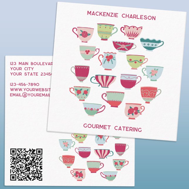 Retro Tee Cup Catering Bäckerei Café QR Code Quadratische Visitenkarte (Retro tea cup QR code cafe bakery catering business code with custom text)