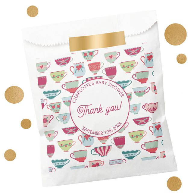 Retro Tee Party Babydusche Geschenktütchen (Vintage retro tea party baby shower favor bags with custom text)