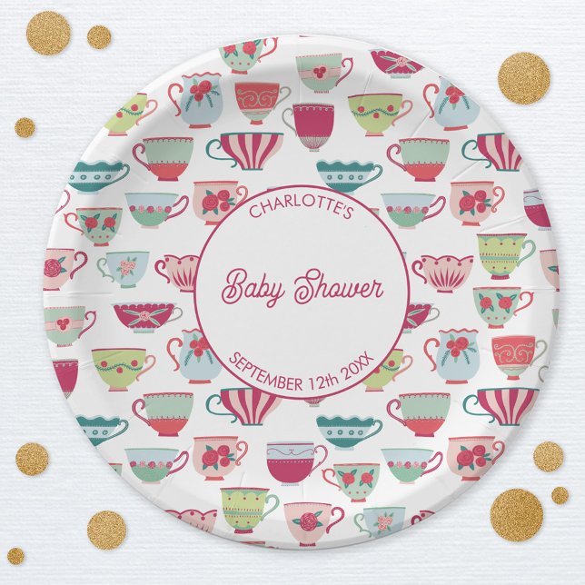 Retro Tee Party Babydusche Pappteller (Modern retro teacup baby shower tea party personalized paper plates)