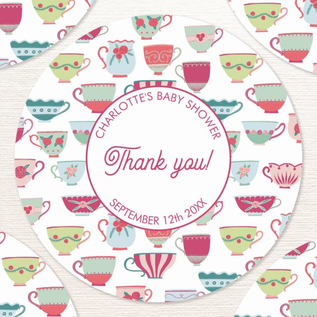 Retro Tee Party Babydusche Runder Aufkleber (Modern retro tea party baby shower thank you stickers)